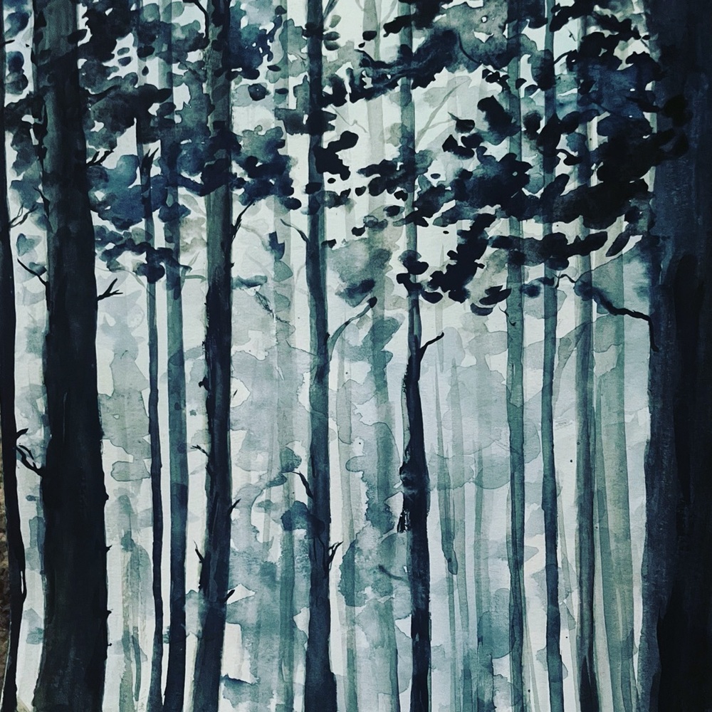 Foggy 🌫 🌳🌳🌳💙🖤watercolor painting